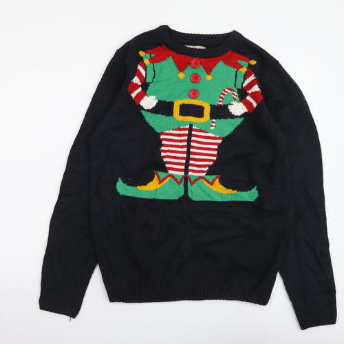 Merry Xmas Mens Black Round Neck Acrylic Pullover Jumper Size S - Elf