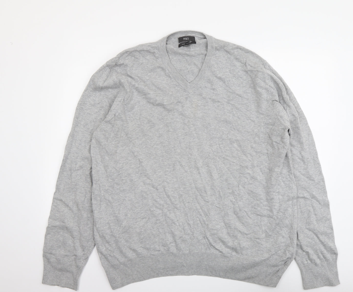 Marks and Spencer Mens Grey V-Neck Cotton Pullover Jumper Size 2XL