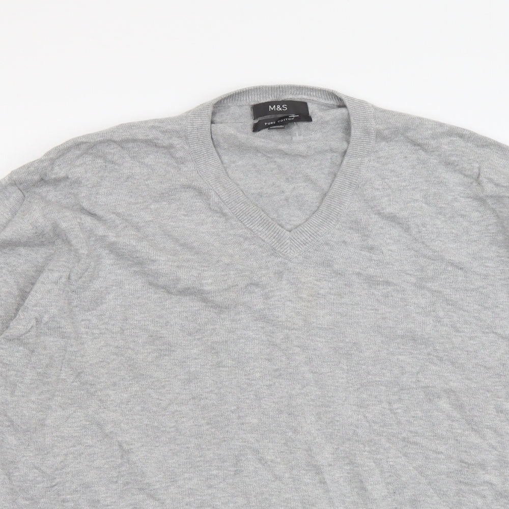 Marks and Spencer Mens Grey V-Neck Cotton Pullover Jumper Size 2XL