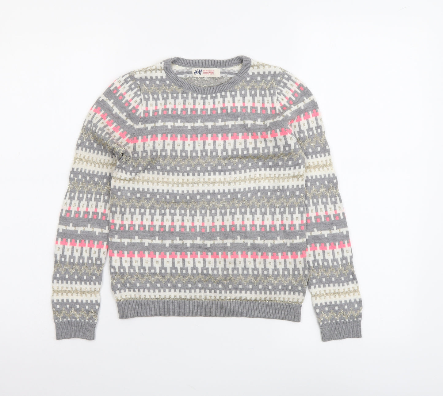 H&M Girls Multicoloured Round Neck Geometric Acrylic Pullover Jumper Size 6-7 Years Pullover