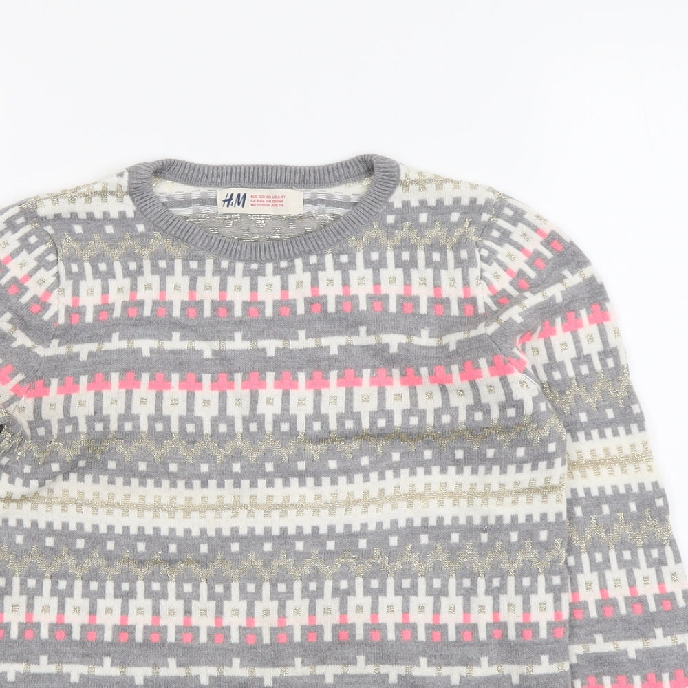 H&M Girls Multicoloured Round Neck Geometric Acrylic Pullover Jumper Size 6-7 Years Pullover