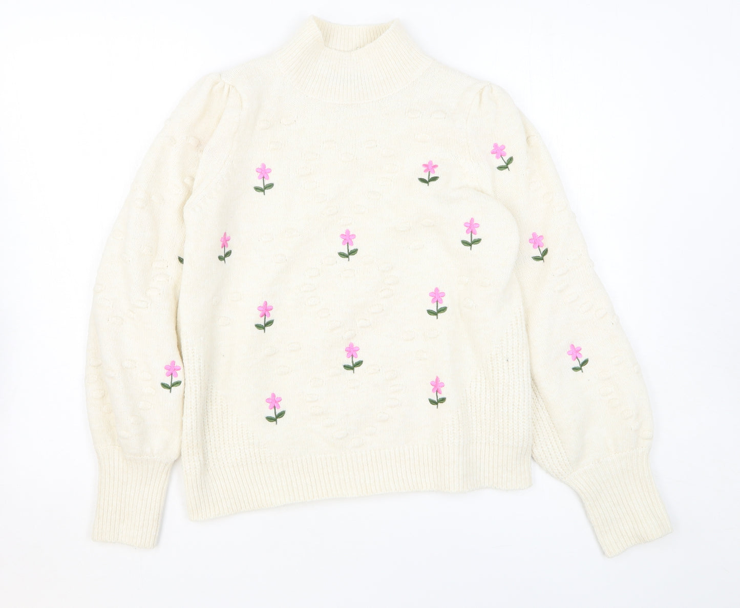 F&F Womens White High Neck Floral Polyester Pullover Jumper Size 10