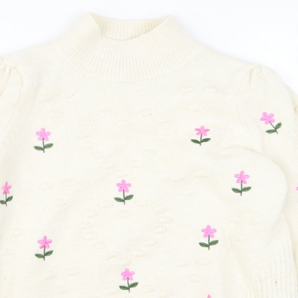 F&F Womens White High Neck Floral Polyester Pullover Jumper Size 10