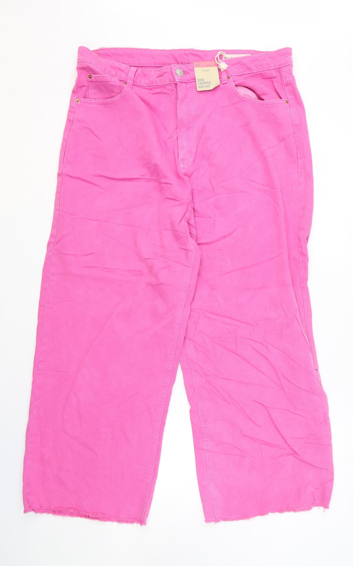 Marks and Spencer Womens Pink Cotton Wide-Leg Jeans Size 18 L25 in Regular Zip - Cropped