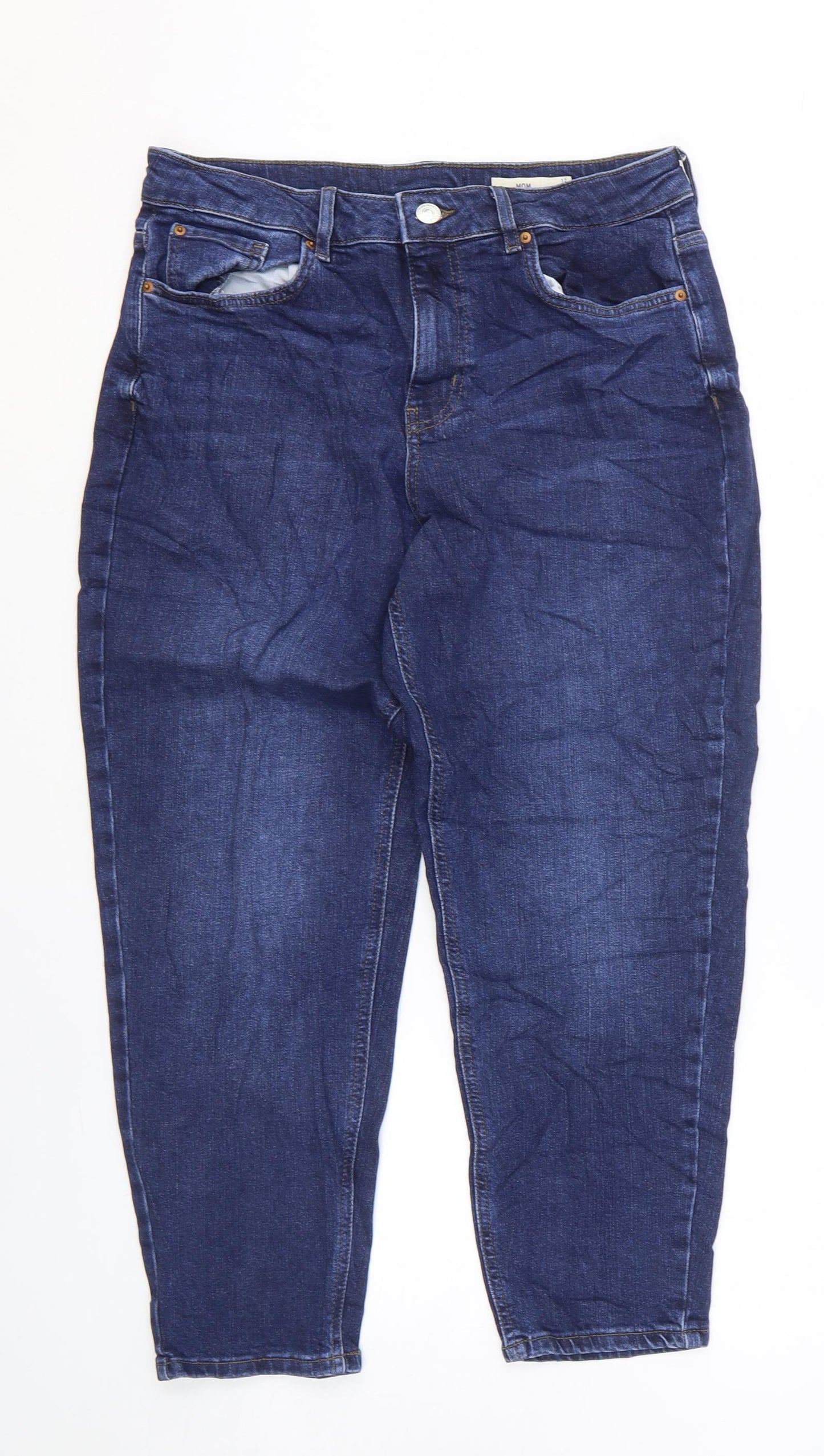 Marks and Spencer Womens Blue Cotton Mom Jeans Size 12 L25 in Regular Zip