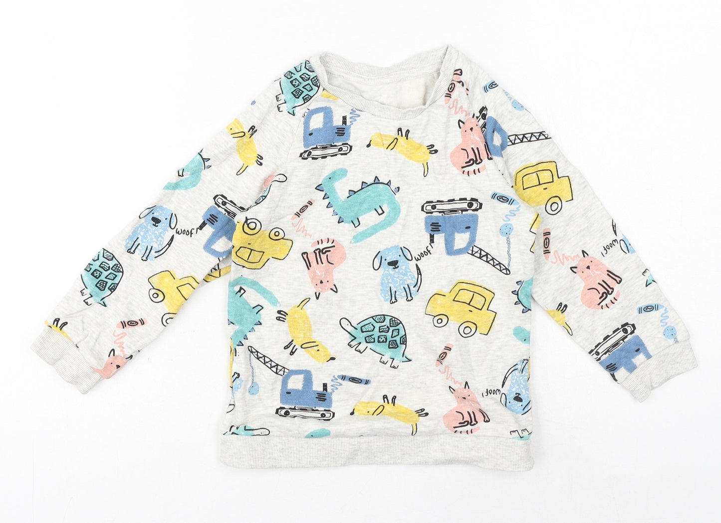 Preworn Boys Multicoloured Crew Neck Cotton Pullover Jumper Size 4-5 Years Pullover - Dinosaur, Cars, Dogs, Cats