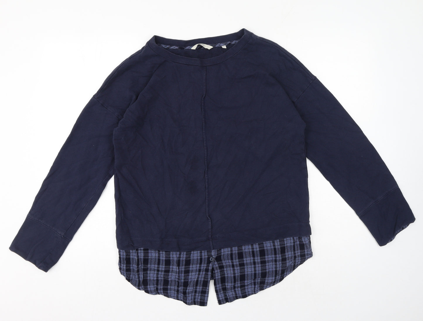 NEXT Womens Blue Crew Neck Cotton Pullover Jumper Size M - Plaid print lining at bottom of jumper