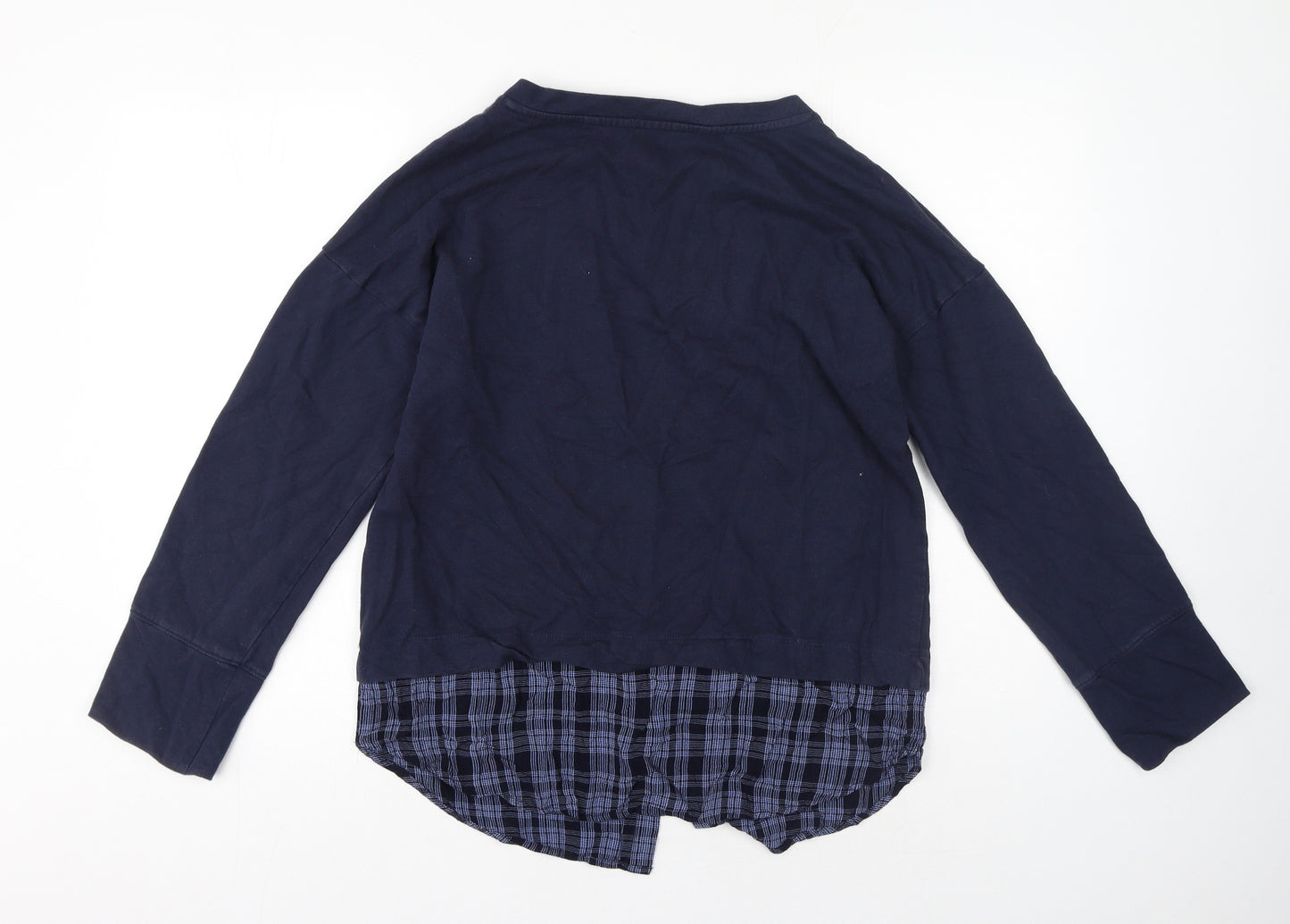 NEXT Womens Blue Crew Neck Cotton Pullover Jumper Size M - Plaid print lining at bottom of jumper