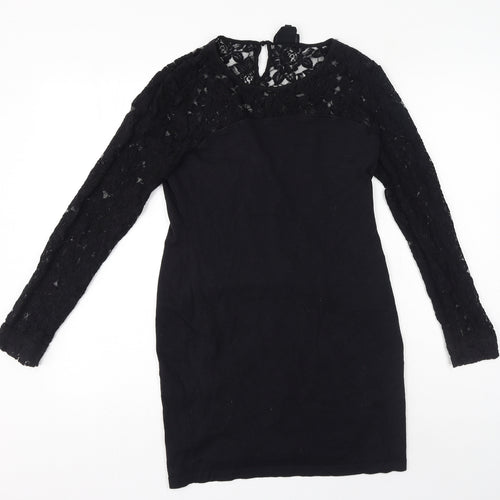 NEXT Womens Black Cotton A-Line Size 12 Round Neck - Mesh floral at top of dress