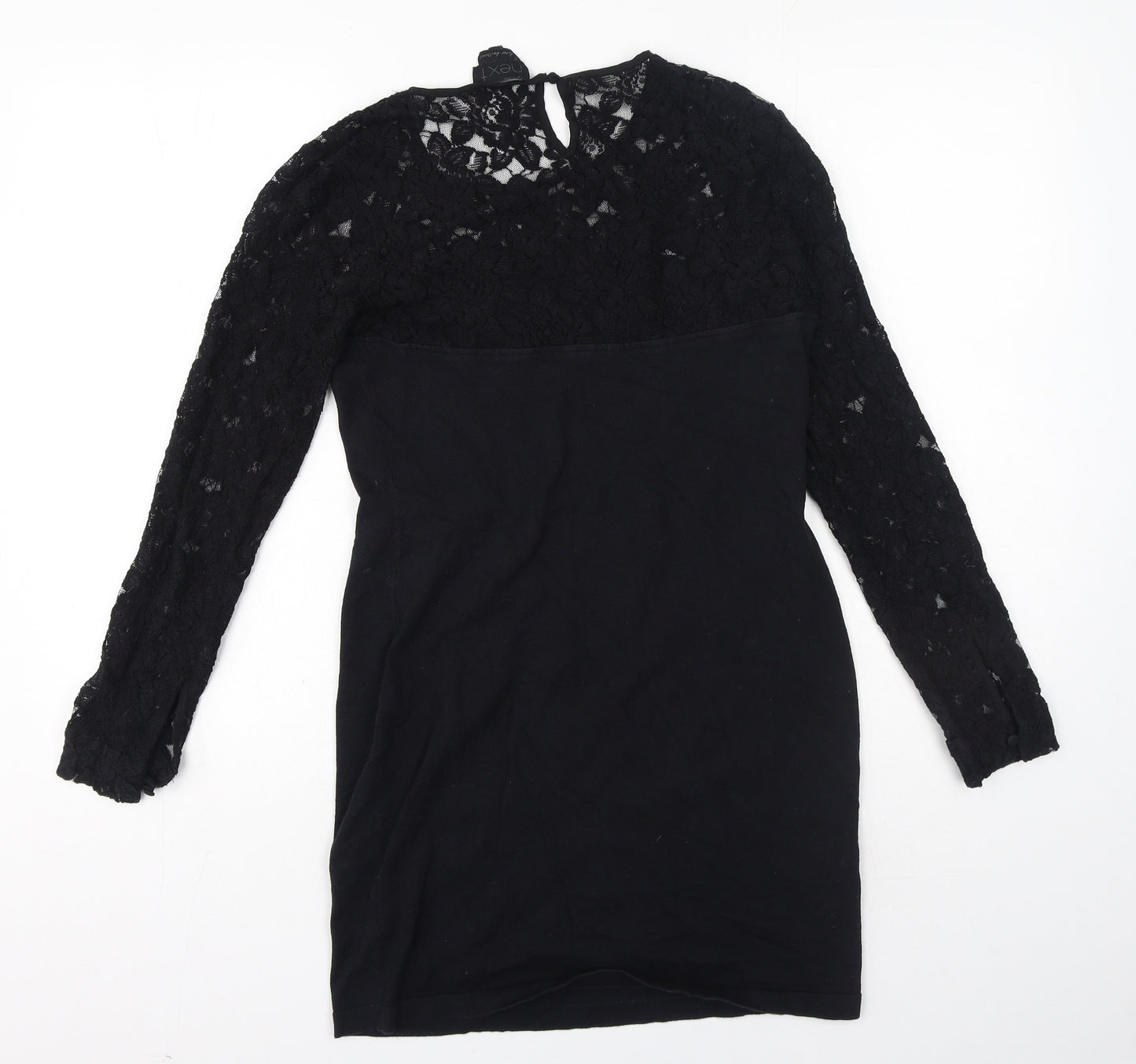 NEXT Womens Black Cotton A-Line Size 12 Round Neck - Mesh floral at top of dress
