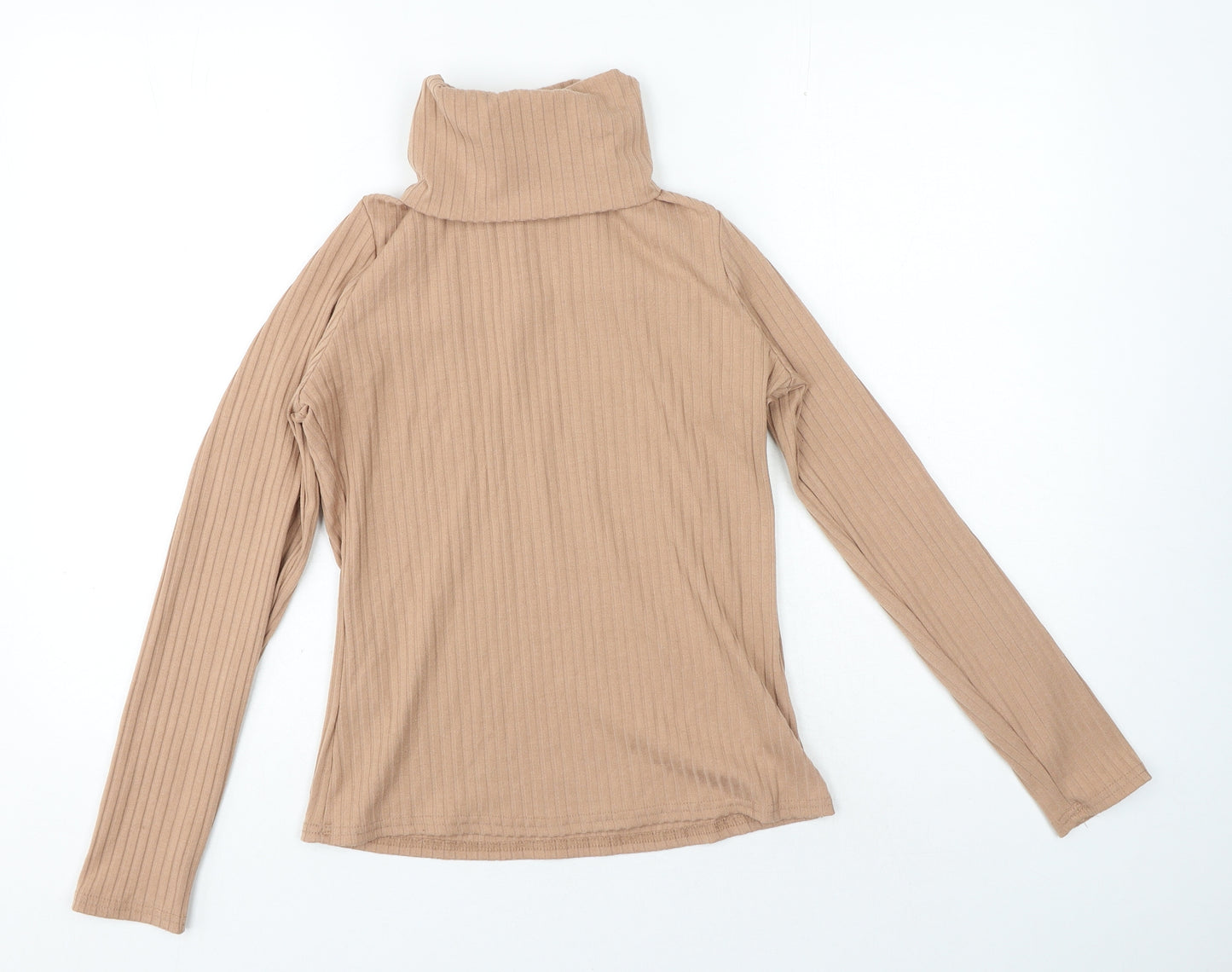 River Island Womens Beige Polyester Basic T-Shirt Size 14 Roll Neck - Ribbed