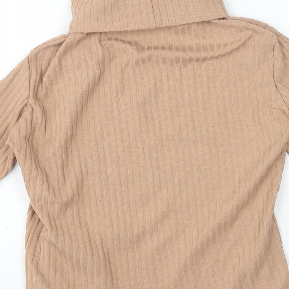 River Island Womens Beige Polyester Basic T-Shirt Size 14 Roll Neck - Ribbed