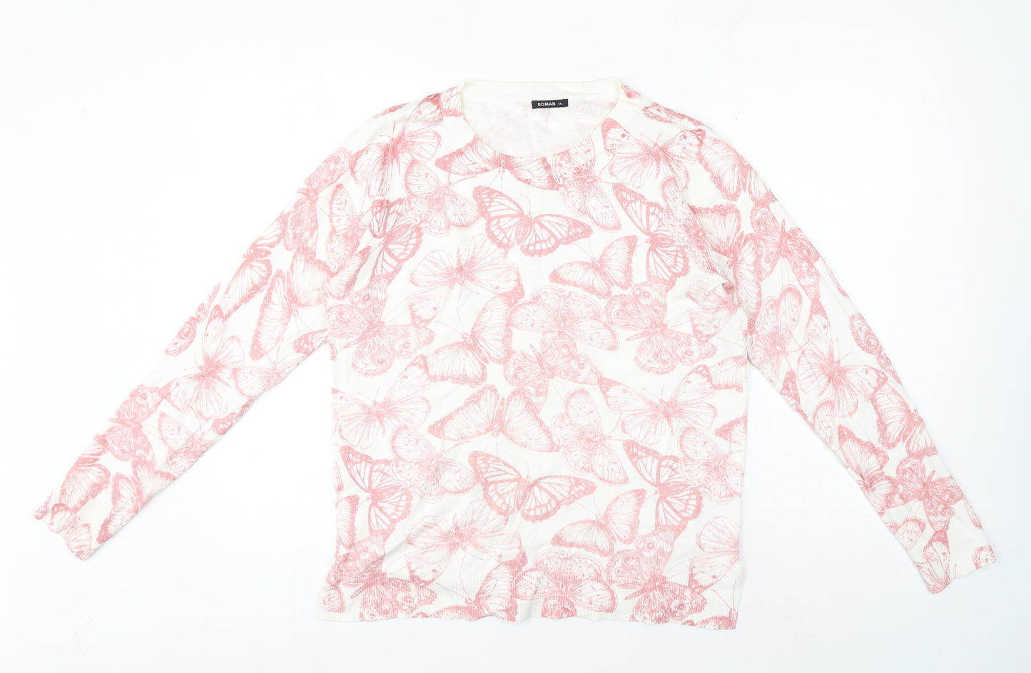 Roman Womens White Geometric Viscose Pullover Sweatshirt Size 14 Pullover - Pink Butterflies