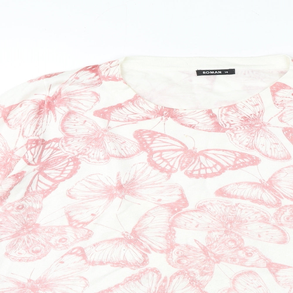 Roman Womens White Geometric Viscose Pullover Sweatshirt Size 14 Pullover - Pink Butterflies