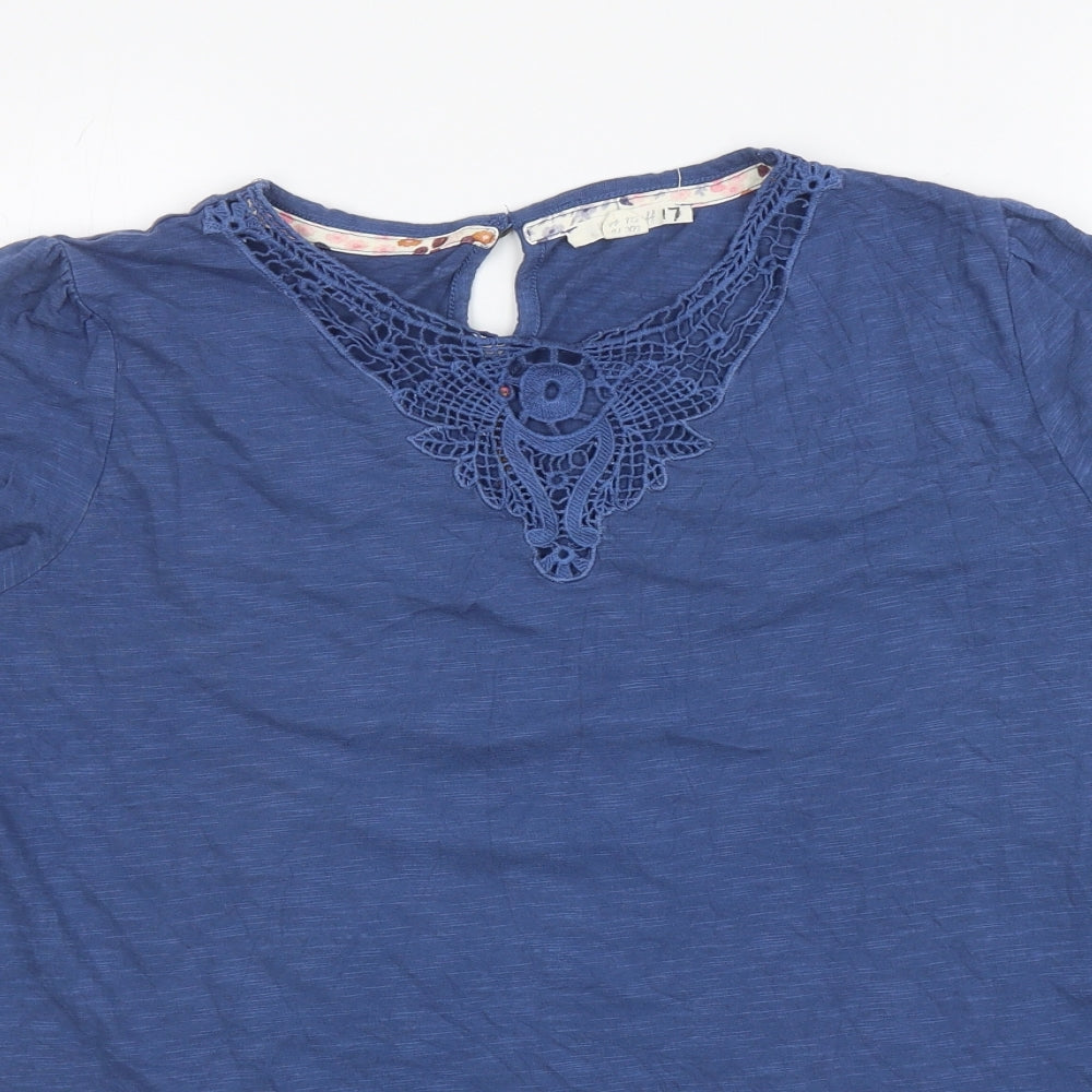 White Stuff Womens Blue Cotton Basic T-Shirt Size 16 Boat Neck - Embroidered Neckline