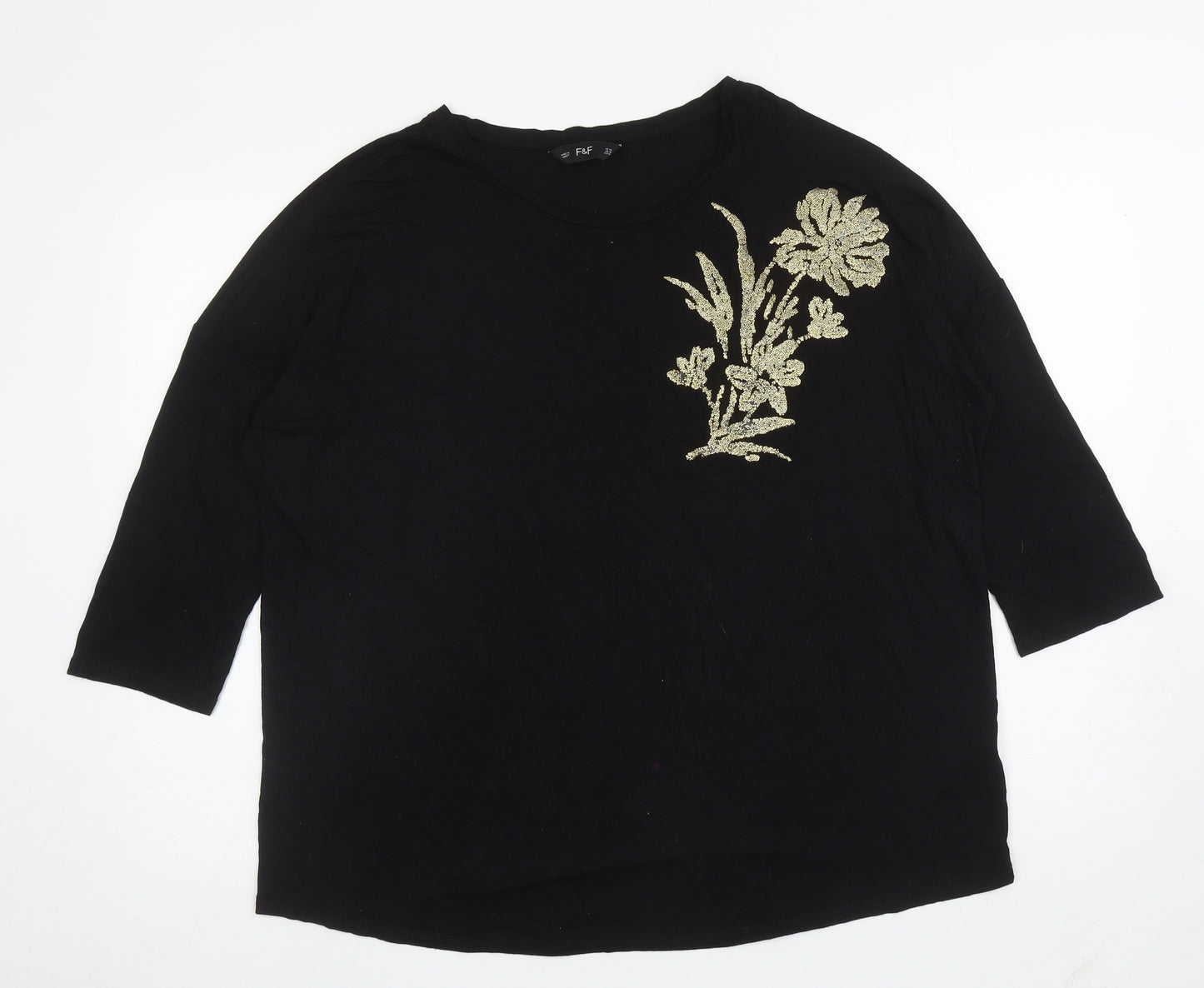 F&F Womens Black Viscose Basic T-Shirt Size 18 Boat Neck - Flower