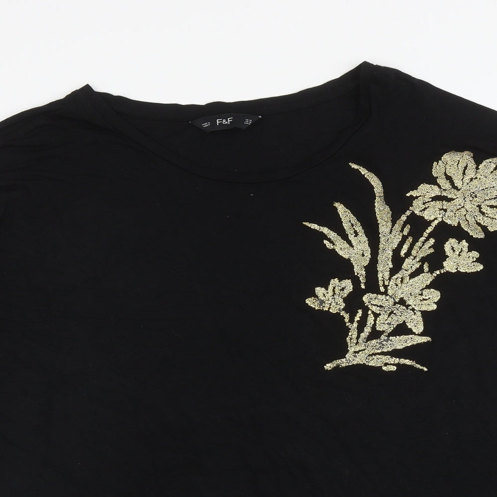 F&F Womens Black Viscose Basic T-Shirt Size 18 Boat Neck - Flower