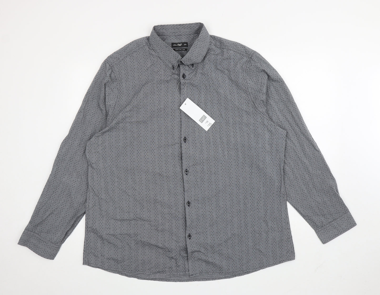 F&F Mens Grey Striped Cotton Button-Up Size 2XL Collared Button - Spotted
