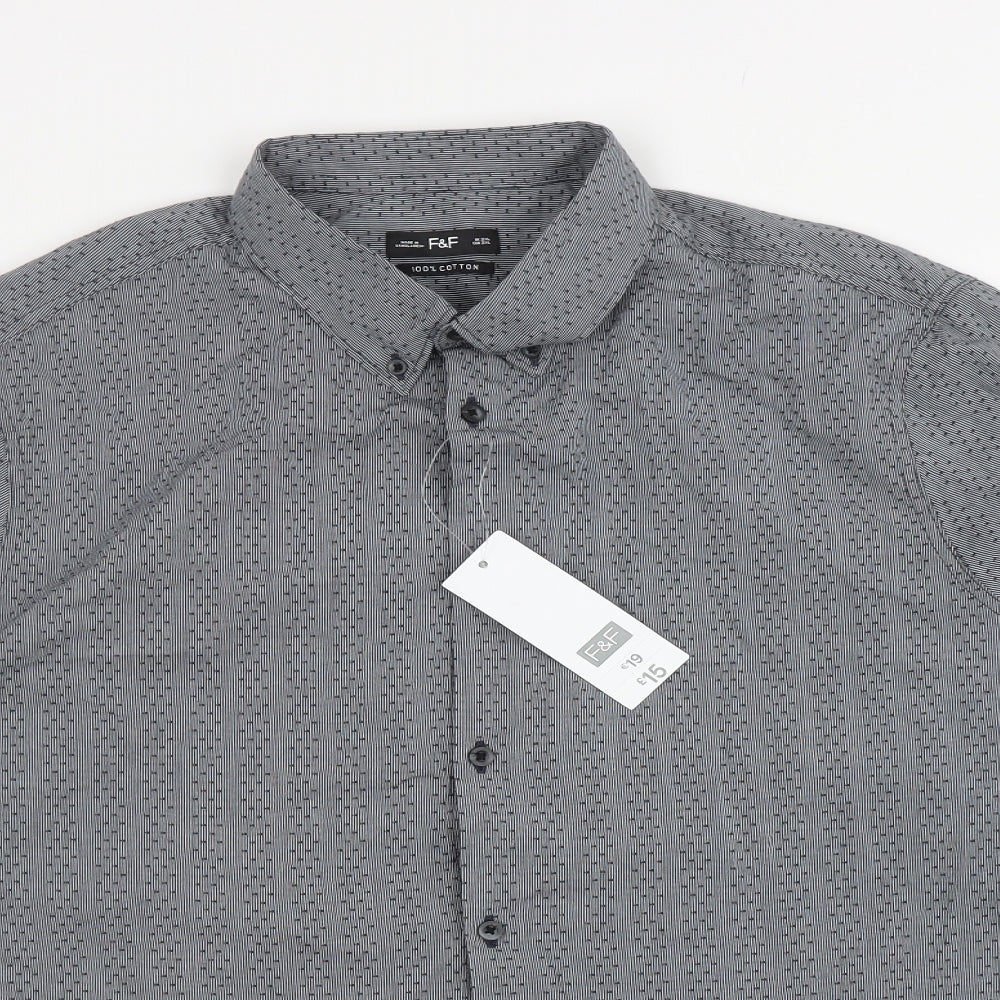F&F Mens Grey Striped Cotton Button-Up Size 2XL Collared Button - Spotted