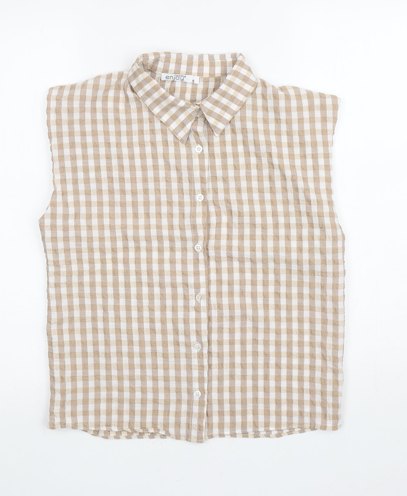 Enjoy Womens Brown Check Viscose Basic Button-Up Size S Collared