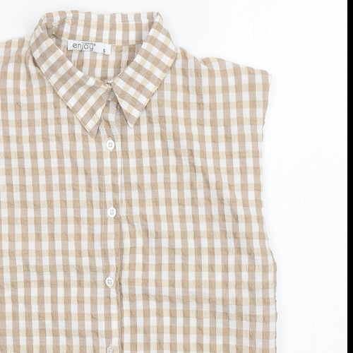 Enjoy Womens Brown Check Viscose Basic Button-Up Size S Collared