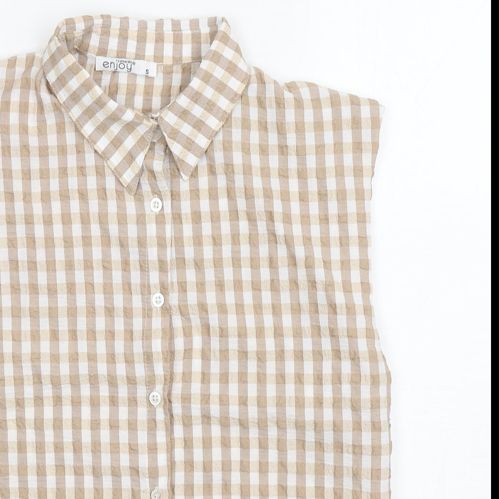 Enjoy Womens Brown Check Viscose Basic Button-Up Size S Collared