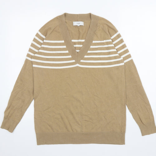 NEXT Womens Brown V-Neck Striped Cotton Pullover Jumper Size 12