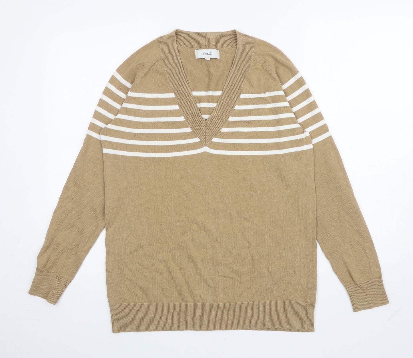 NEXT Womens Brown V-Neck Striped Cotton Pullover Jumper Size 12