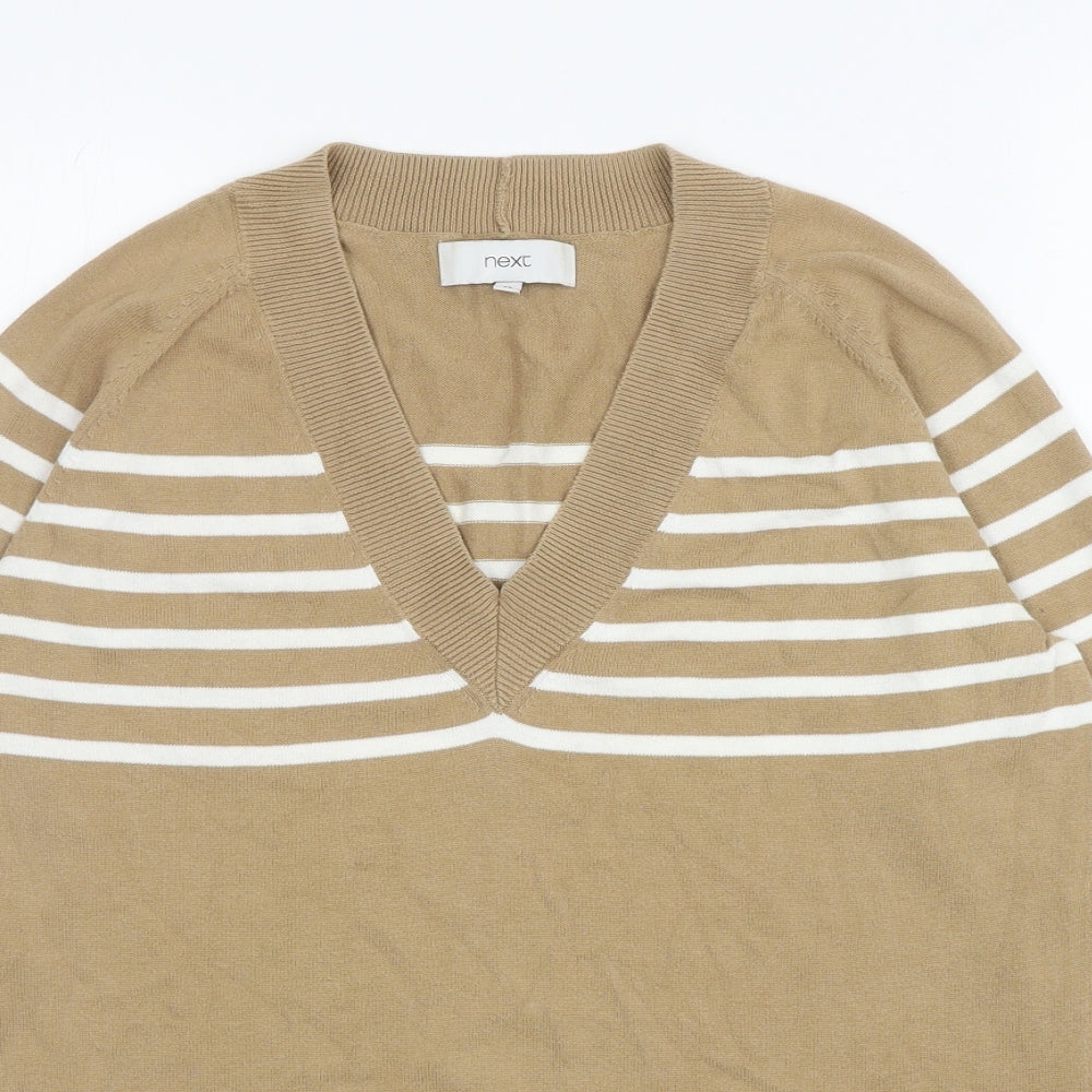NEXT Womens Brown V-Neck Striped Cotton Pullover Jumper Size 12
