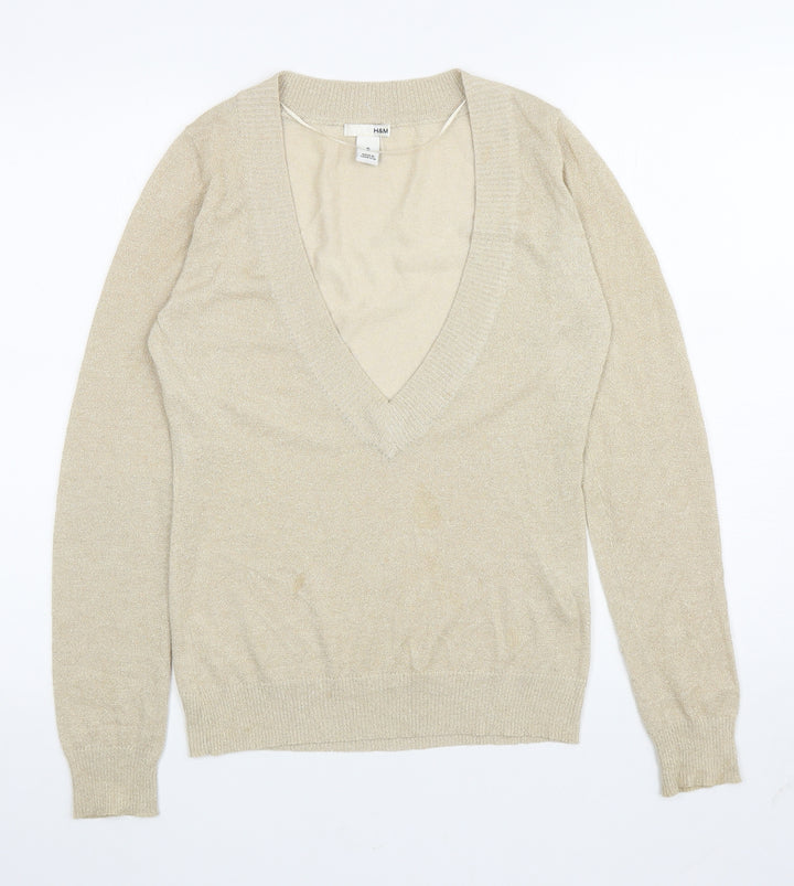 H&M Womens Gold V-Neck Viscose Pullover Jumper Size S