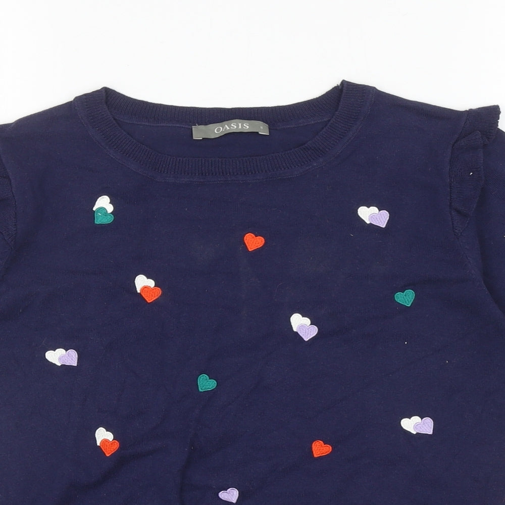 Oasis Womens Blue Boat Neck Cotton Pullover Jumper Size S - Hearts