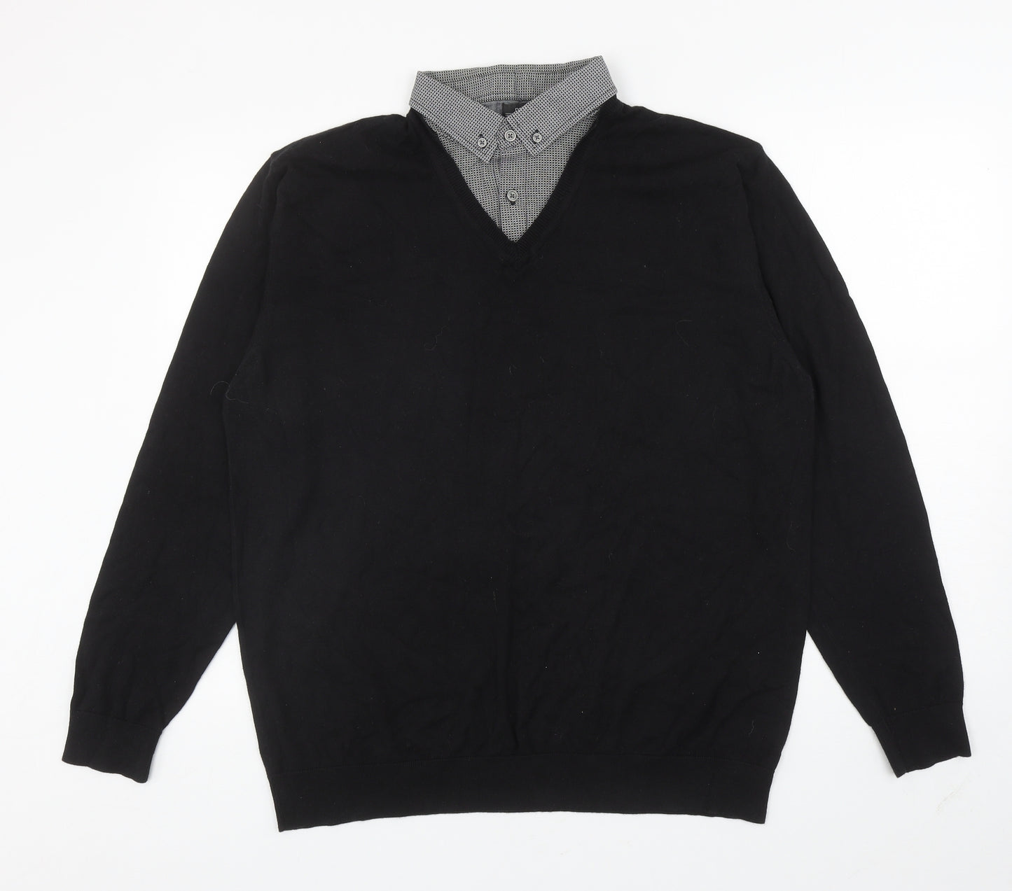 NEXT Mens Black Collared Cotton Henley Jumper Size XL