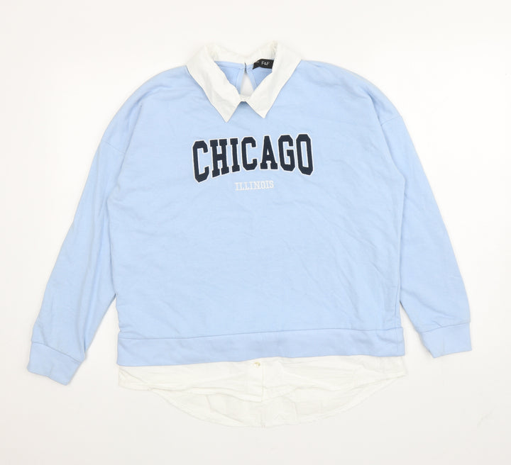 F&F Womens Blue Cotton Pullover Sweatshirt Size 10 Button - Chicago