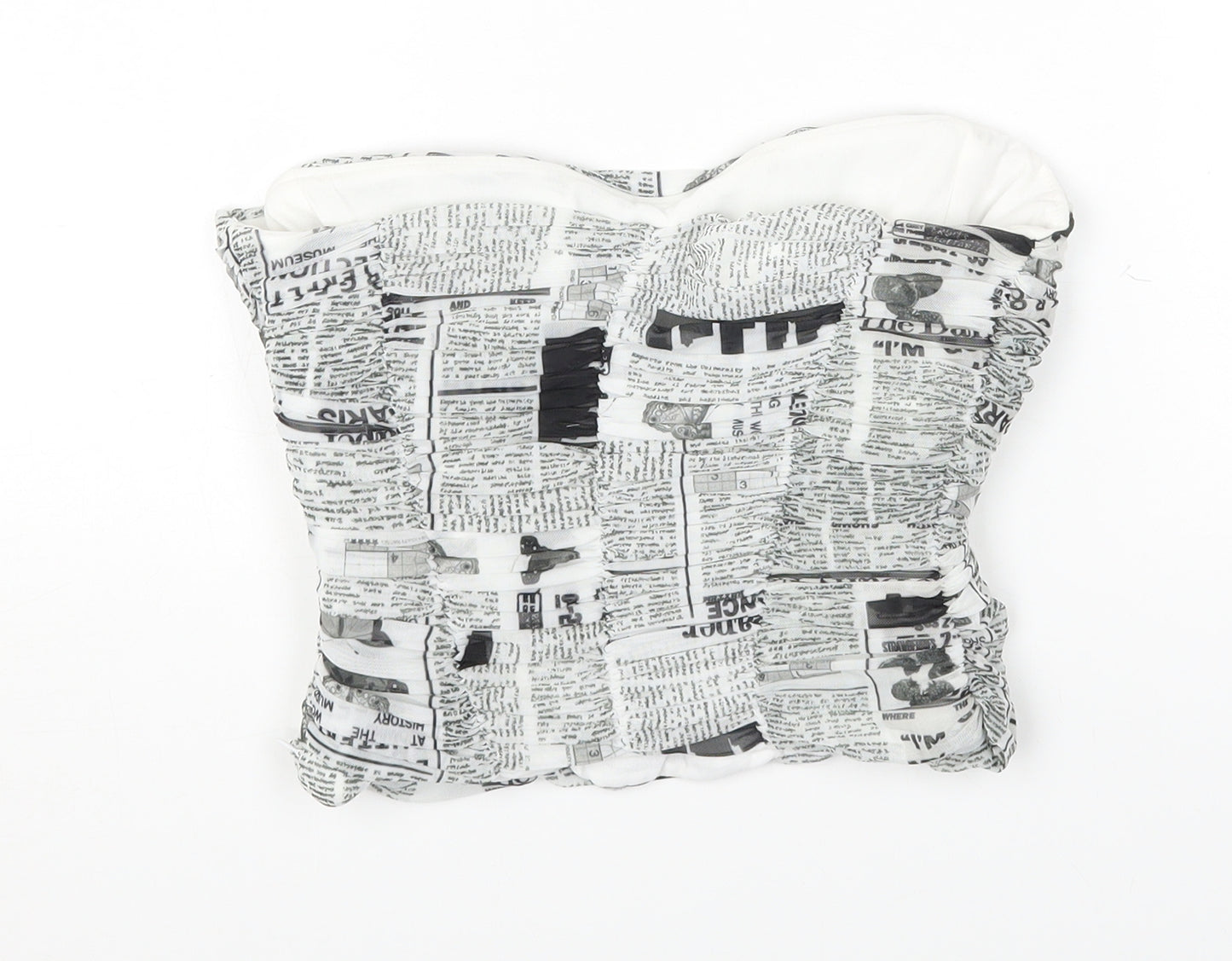 Zara Womens White Geometric Polyester Cropped Tank Size S Off the Shoulder - Newspaper Print