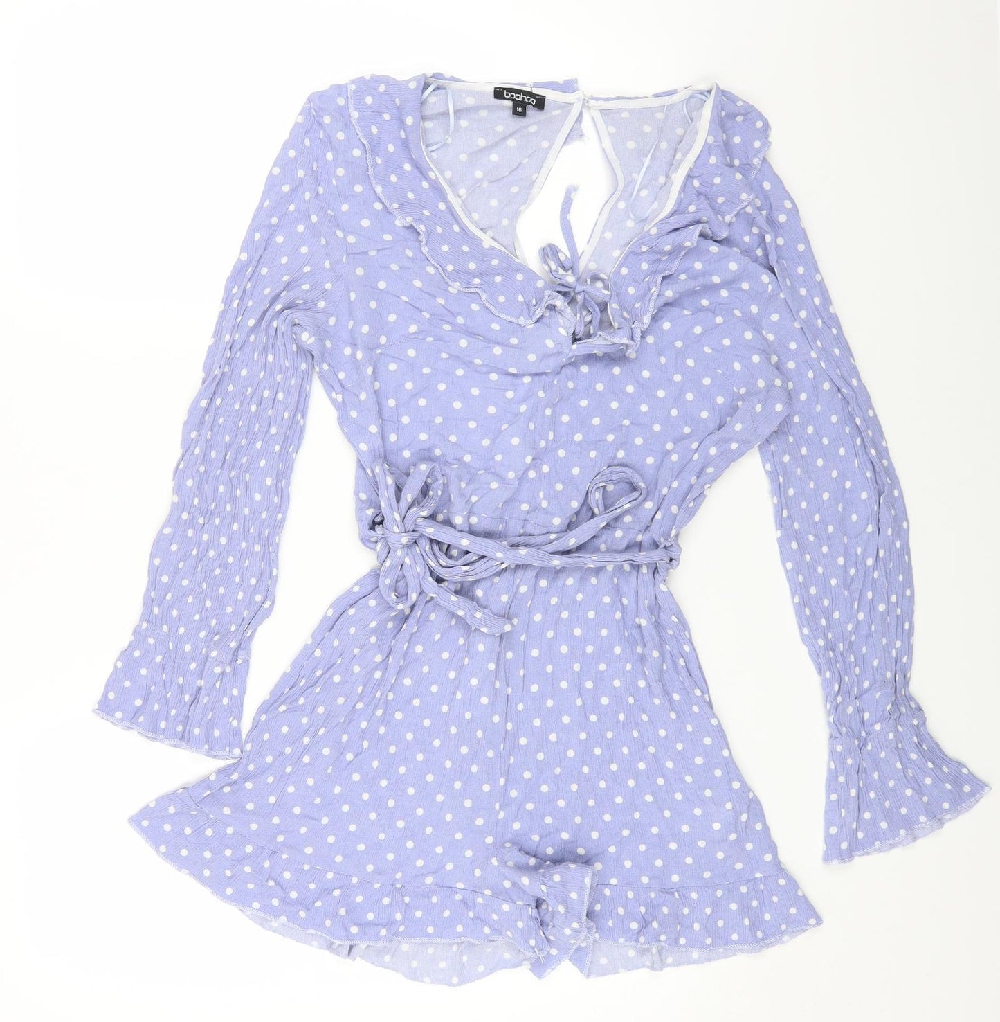Boohoo Womens Blue Polka Dot Vinyl Playsuit One-Piece Size 16 Zip