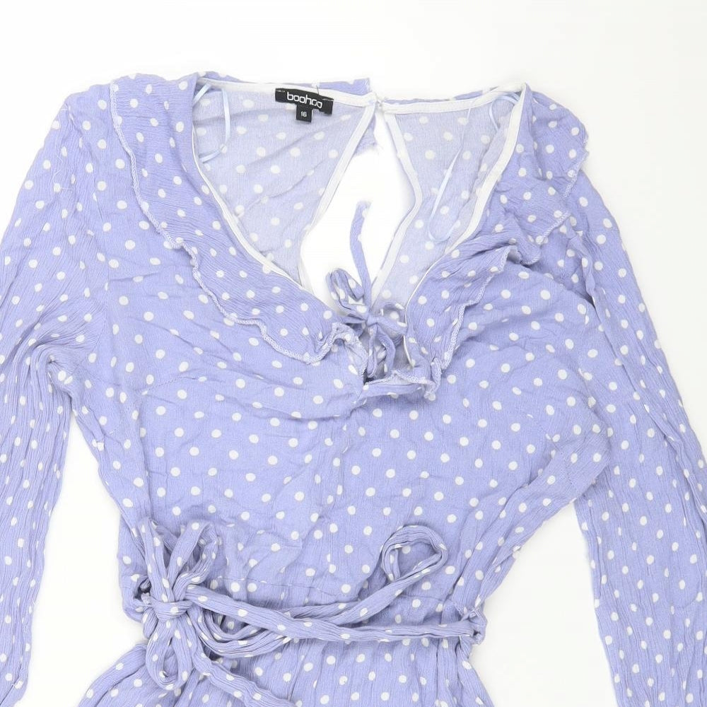 Boohoo Womens Blue Polka Dot Vinyl Playsuit One-Piece Size 16 Zip