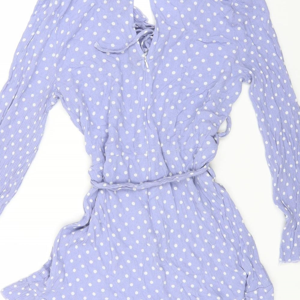 Boohoo Womens Blue Polka Dot Vinyl Playsuit One-Piece Size 16 Zip