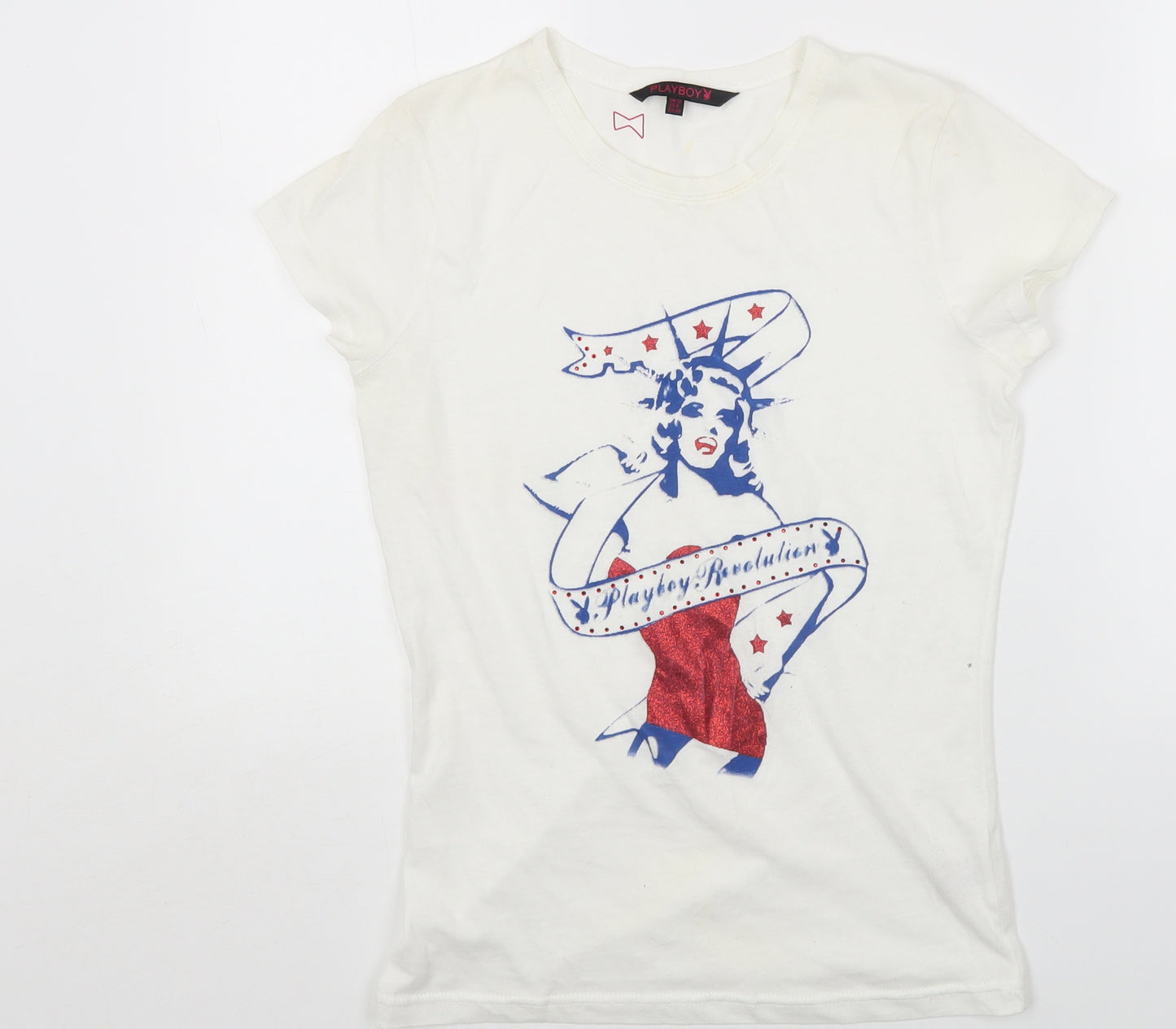 Playboy Womens White Cotton Basic T-Shirt Size 12 Round Neck