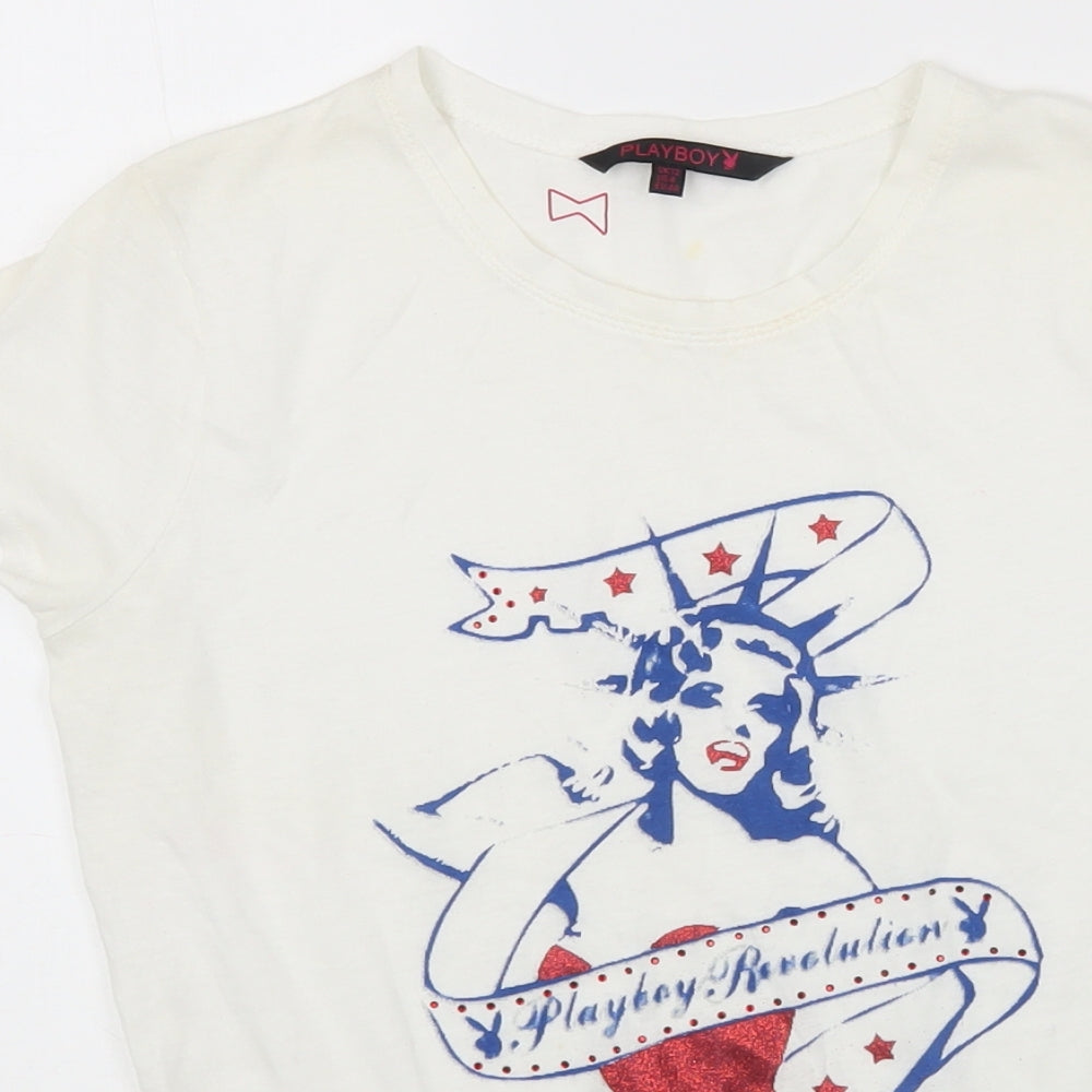 Playboy Womens White Cotton Basic T-Shirt Size 12 Round Neck