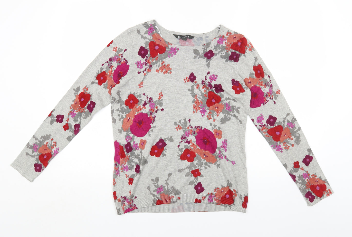 Bonmarché Womens Grey Round Neck Floral Viscose Pullover Jumper Size 8