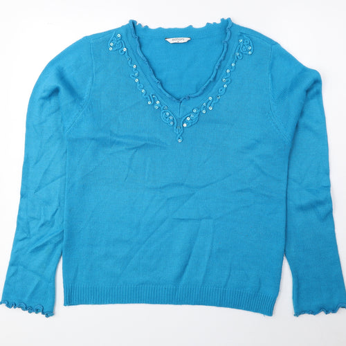 Editions Womens Blue V-Neck Acrylic Pullover Jumper Size 16
