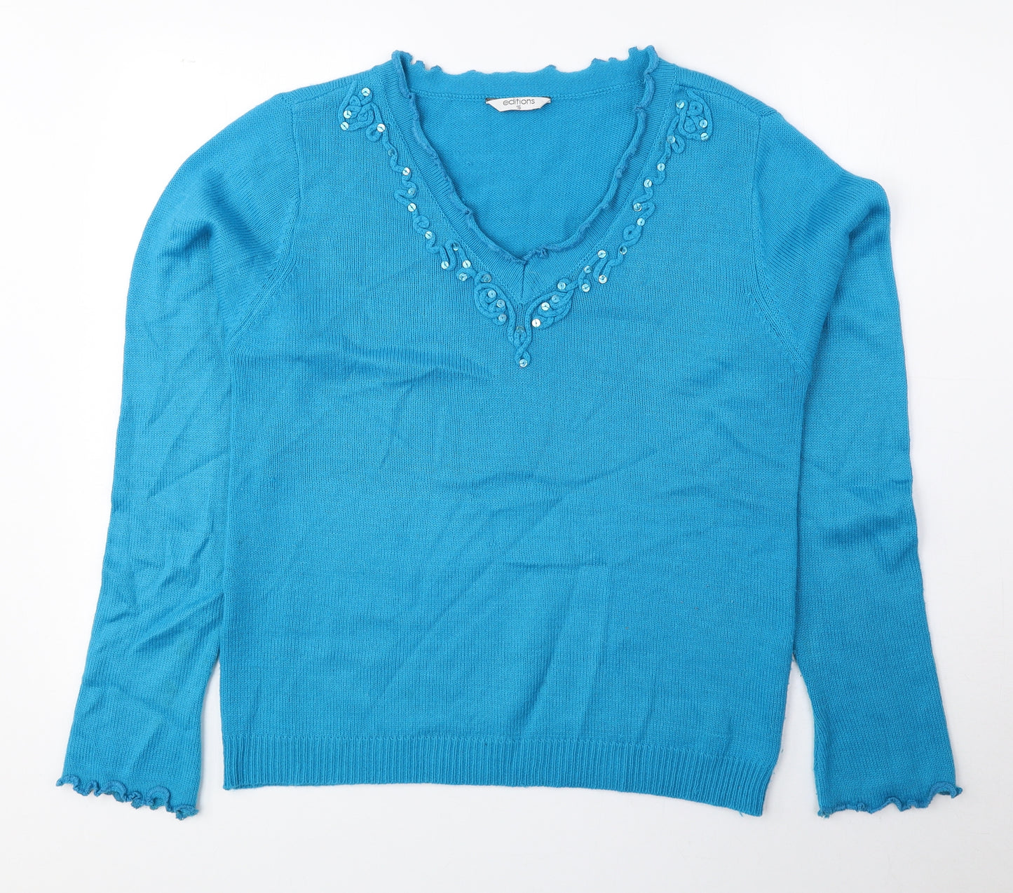 Editions Womens Blue V-Neck Acrylic Pullover Jumper Size 16