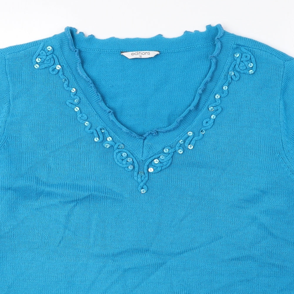 Editions Womens Blue V-Neck Acrylic Pullover Jumper Size 16