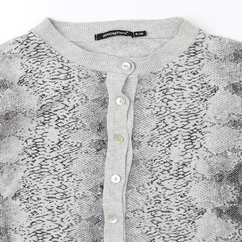 Atmosphere Womens Grey Round Neck Animal Print Cotton Cardigan Jumper Size 8 - Snake Print