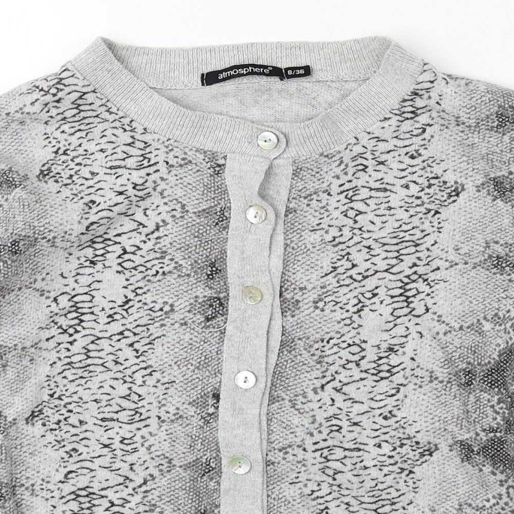 Atmosphere Womens Grey Round Neck Animal Print Cotton Cardigan Jumper Size 8 - Snake Print