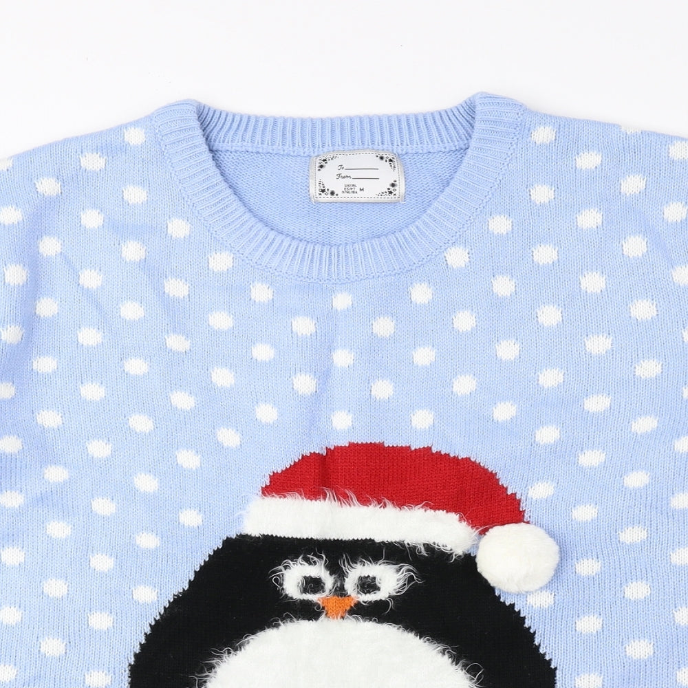 Atmosphere Mens Blue Round Neck Acrylic Pullover Jumper Size M - Penguin Christmas Jumper