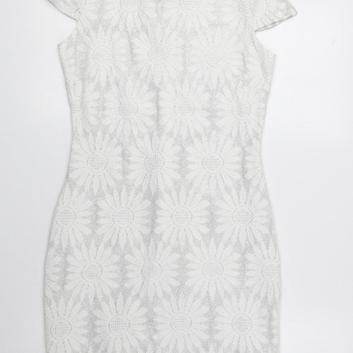 River Island Womens Grey Floral Polyester Pencil Dress Size 8 Round Neck Zip