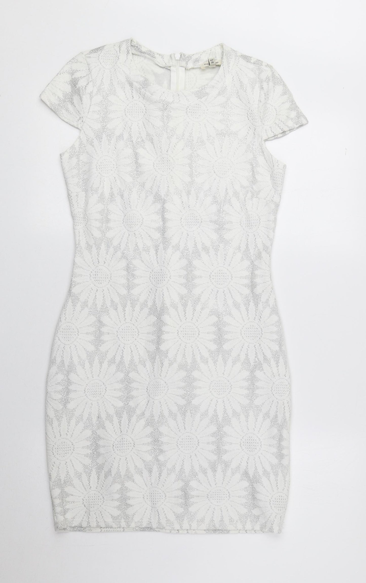 River Island Womens Grey Floral Polyester Pencil Dress Size 8 Round Neck Zip