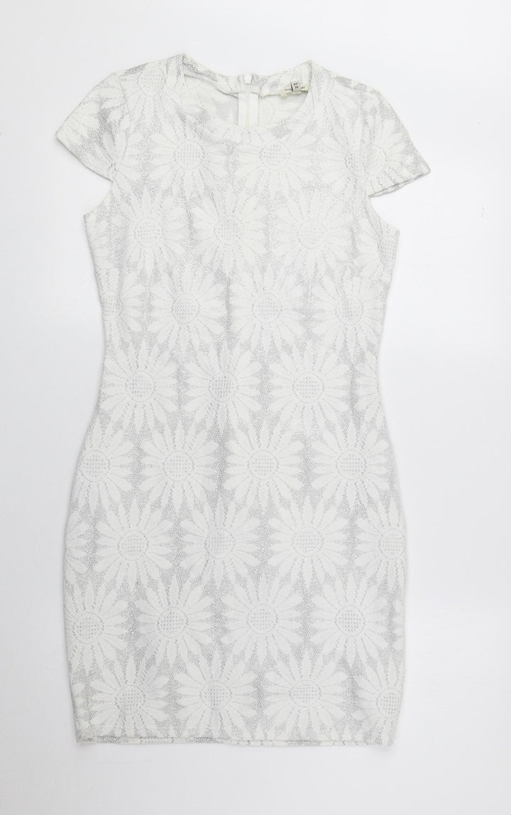 River Island Womens Grey Floral Polyester Pencil Dress Size 8 Round Neck Zip