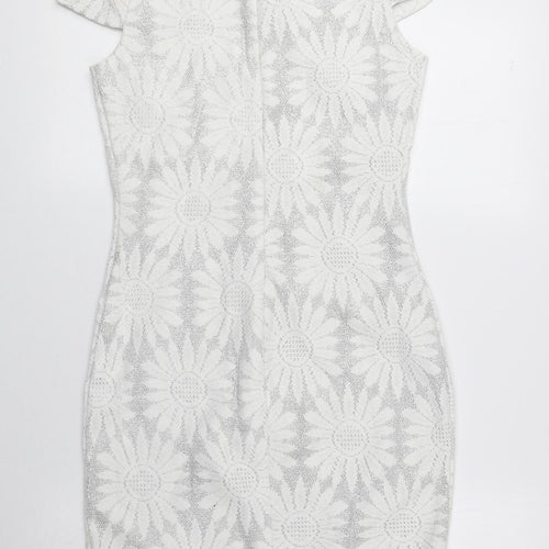 River Island Womens Grey Floral Polyester Pencil Dress Size 8 Round Neck Zip